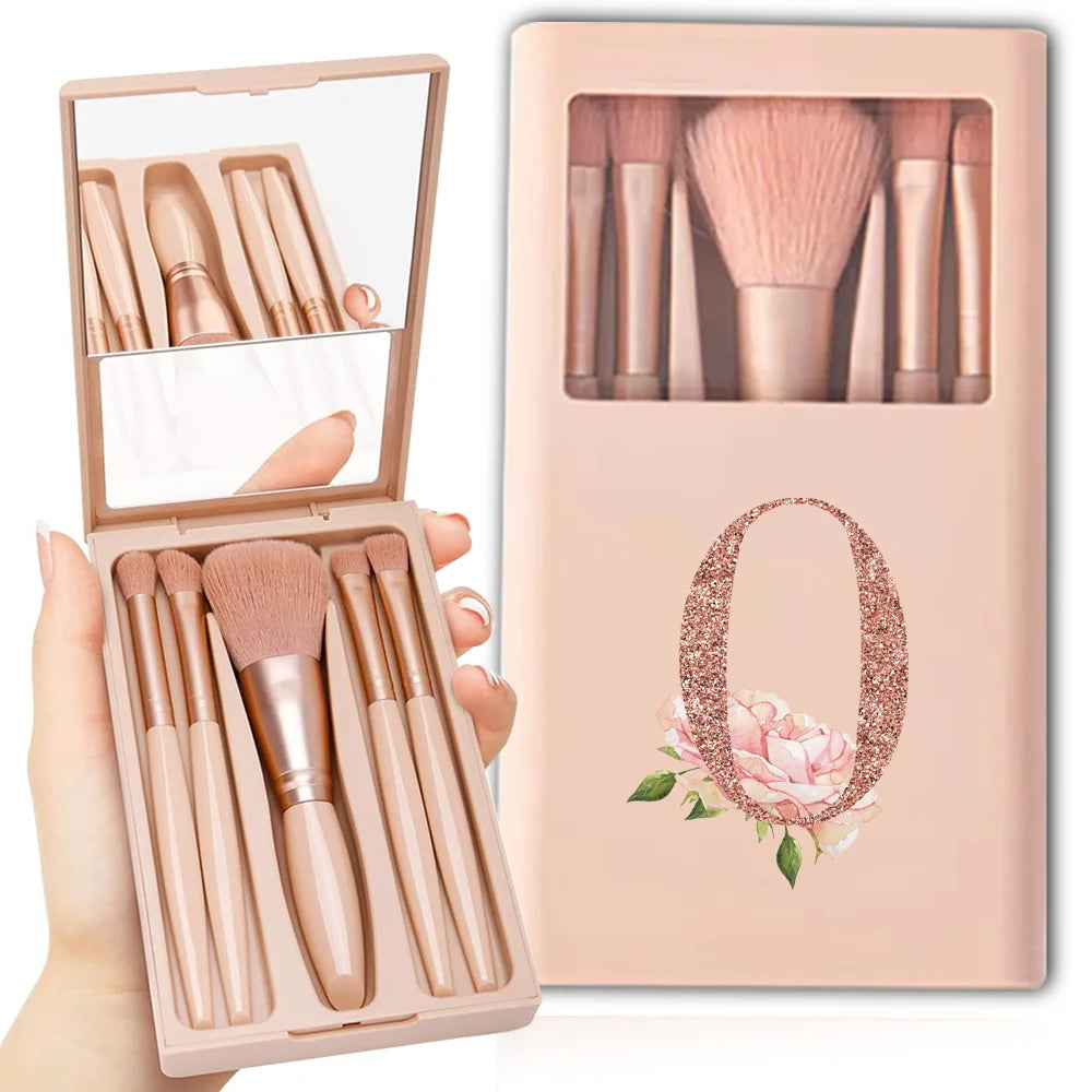 5pcs Cosmetic Brush Kit With Mirror And Case Foldable Box Storage Makeup Brush Set Portable Beauty Tool Rose Gold Letter Pattern