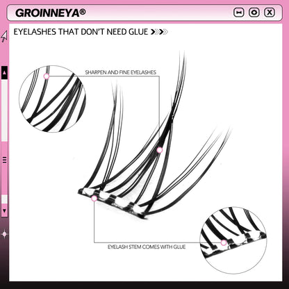 GROINNEYA Self Adhesive DIY Lash Extension Kit Lash Clusters No Glue Needed DIY Lash Extension Pre Glued Cluster Lashes