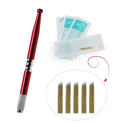 Golden Tebori 3D Tattoo Pen + 5 Pcs 12 Pins Microblading Tattoos Needles Permanent Makeup Manual Professional Eyebrow Tattoo Set