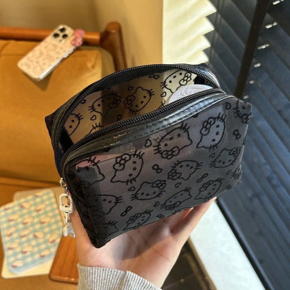 Black Mesh Hello Kitty Makeup Bag - Cute Portable Cosmetic Pouch with Large Capacity, Durable Organizer for Travel