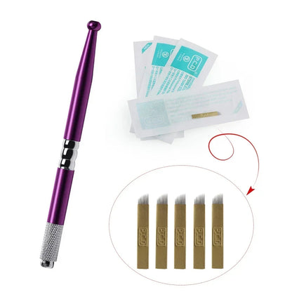 Golden Tebori 3D Tattoo Pen + 5 Pcs 12 Pins Microblading Tattoos Needles Permanent Makeup Manual Professional Eyebrow Tattoo Set