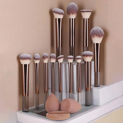 12pcs Professional Makeup Brush Set Incl. Eyeshadow, Powder, Blush Brushes, 2pcs Makeup Sponges, 1pc Powder Puff, Complete Trave