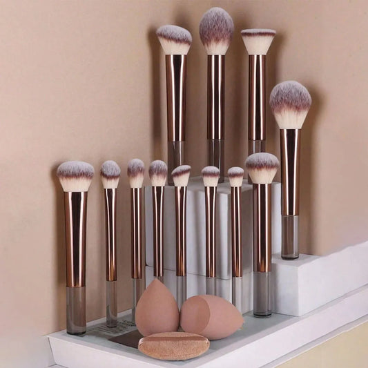 12pcs Professional Makeup Brush Set Incl. Eyeshadow, Powder, Blush Brushes, 2pcs Makeup Sponges, 1pc Powder Puff, Complete Trave