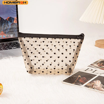 HOMEFISH Heart Transparent Mesh Makeup Bag Multifunction Portable Women Cosmetic Storage Pouch Ladies Toiletry Lipstick