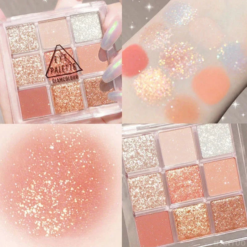 9-Color Glitter Eyeshadow Palette Pink Pearly Eyeshadow Palette Korean Charming Eye Makeup Palette Shiny Eye Shadow Eye Pigments
