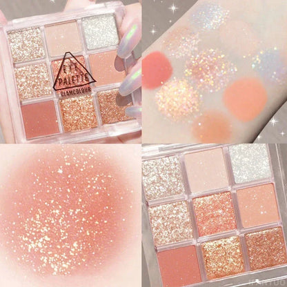 9-Color Glitter Eyeshadow Palette Pink Pearly Eyeshadow Palette Korean Charming Eye Makeup Palette Shiny Eye Shadow Eye Pigments