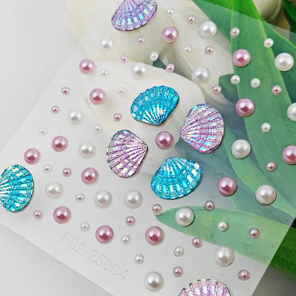 1pc 3D Aurora Seashell Temporary Tattoo Sticker Dreamy Mermaid Makeup Stick-on Pearls Facial Eyeshadow Gems Decal Face Jewels