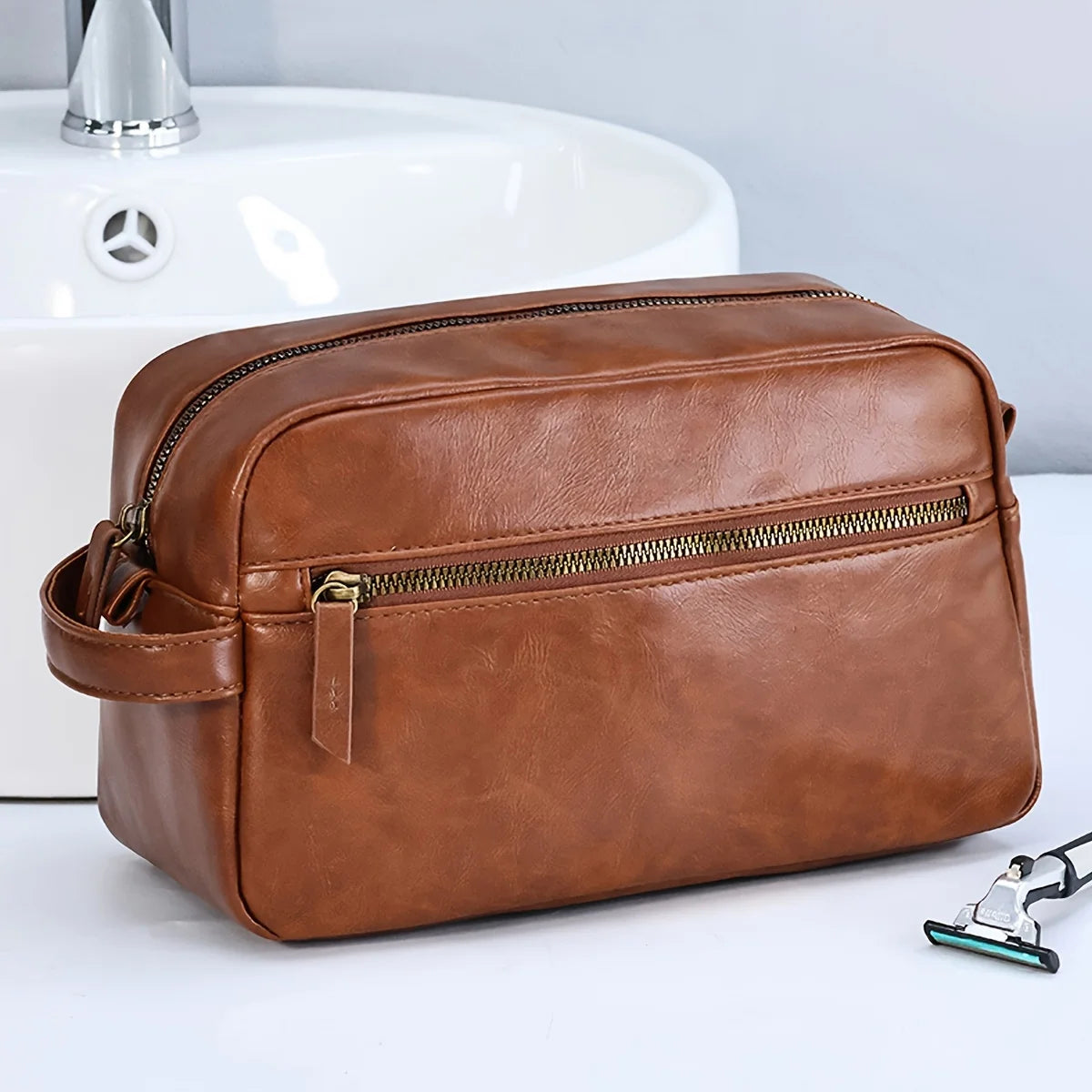 Men Business Travel Wash Toiletry Bag Waterproof PU Leather Bathroom Shaving Tools Organizer Bag Makeup Pouch Women Cosmetic Bag