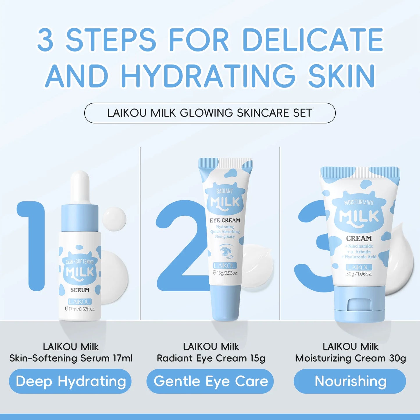 LAIKOU Milk Skincare Travel Set 3pcs Niacinamide Hyaluronic Acid Face Serum Eye Cream Face Cream Moisturizing Glowing Skin Care