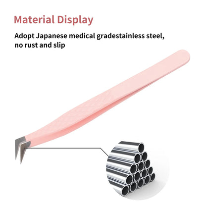 GEMERRY 1 PC Eyelash Tweezers With Fiber Tips Pink Professional Steel High Precision for Volume Fans Lashes Extensions Makeup