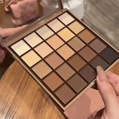 25-Color Eyeshadow Palette - Neutral Gray and Brown Earth Tones, Coffee and Chocolate-Style Shades, Creating a Versatile, Natural to Dramatic Makeup Look