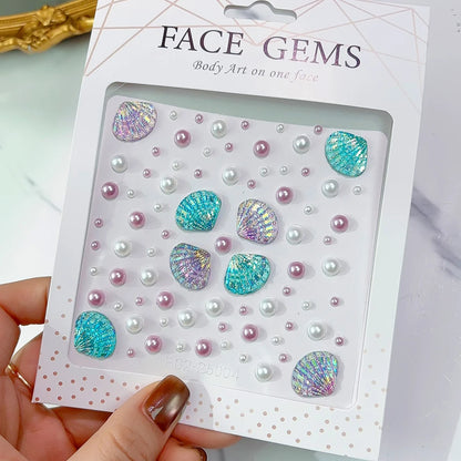 1Sheet 3D Dreamy Shell Pearl Gems Face Stickers Sparkling Mermaid Diamond Temporary Tattoos DIY Body Art Stage Makeup Rhinestone