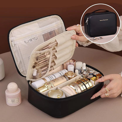 New PU leather makeup bag with large capacity, portable, and high-end outdoor feel, layered and multi-layer waterproof makeup ca