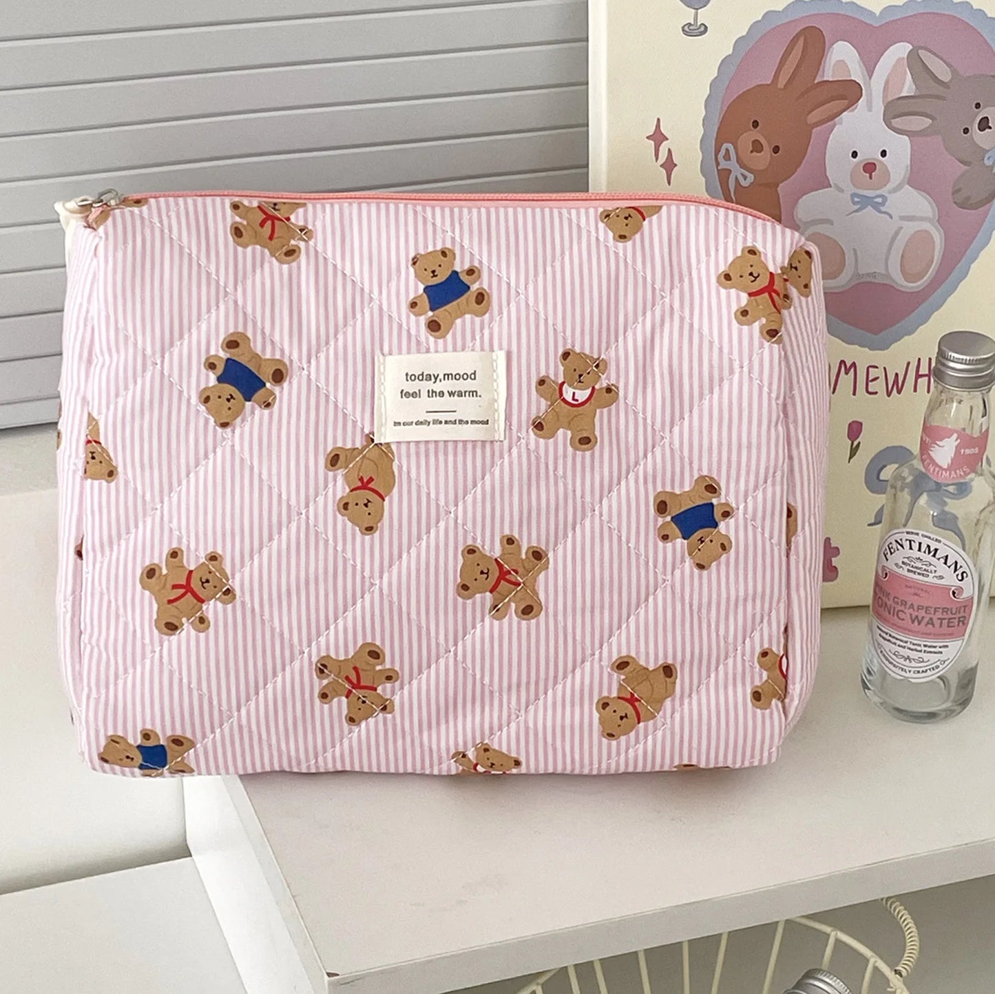 Women's Cosmetic Bag Striped Bear Makeup Bag Cartoon Go Out Large Capacity Toiletry Storage Bag Bolsa De Maquillaje Viaje Sweet