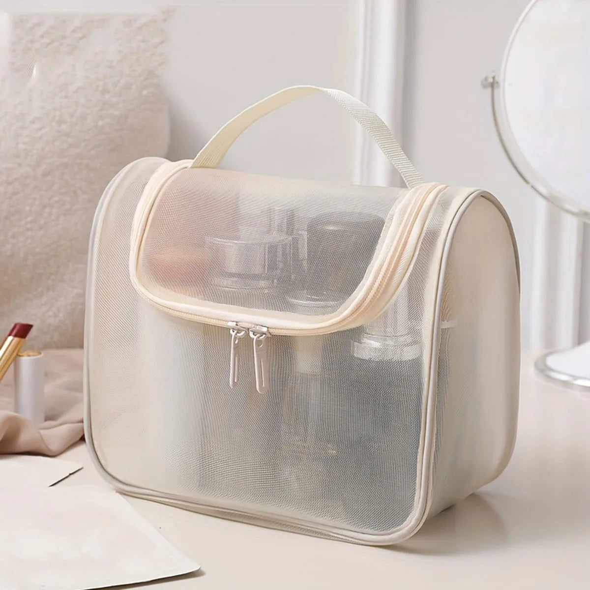New multi-functional toiletries bag curved nylon mesh portable makeup bag women's large capacity cosmetics storage bag