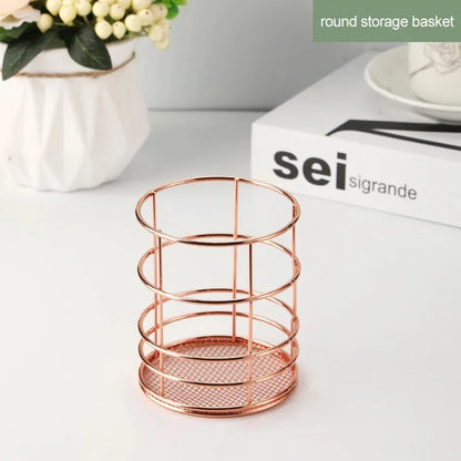 Nordic Iron storage Basket jewelry organizer Gold Office Desktop Sundries Makeup Brushes Holder Table Cosmetics Organizer Rack