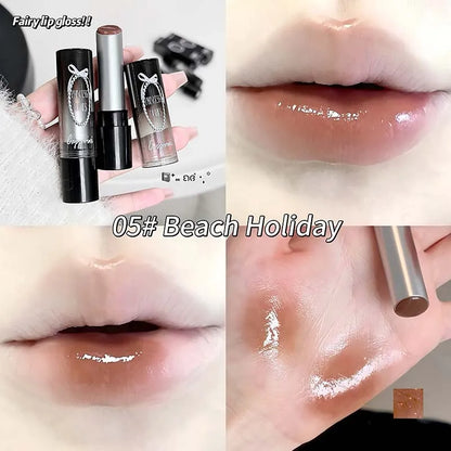 Caramel Brown Solid Lip Gloss Moisturizing Lace Bow Mirror Glass Jelly Lipstick Non Stick Cup Water Light Plump Lip Tint Makeup