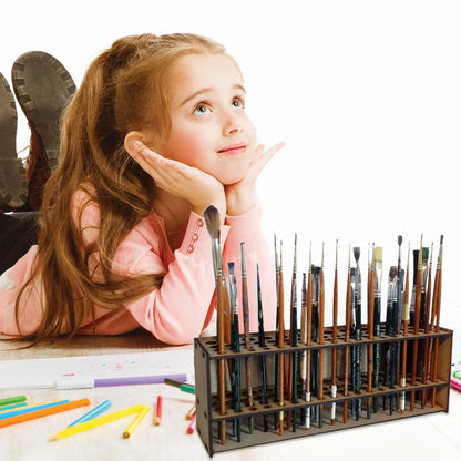 67-Slot Wooden Brush Organizer – Wall/Desk Mount Holder for Paintbrushes, Makeup Tools & Art Supplies, Natural Finish