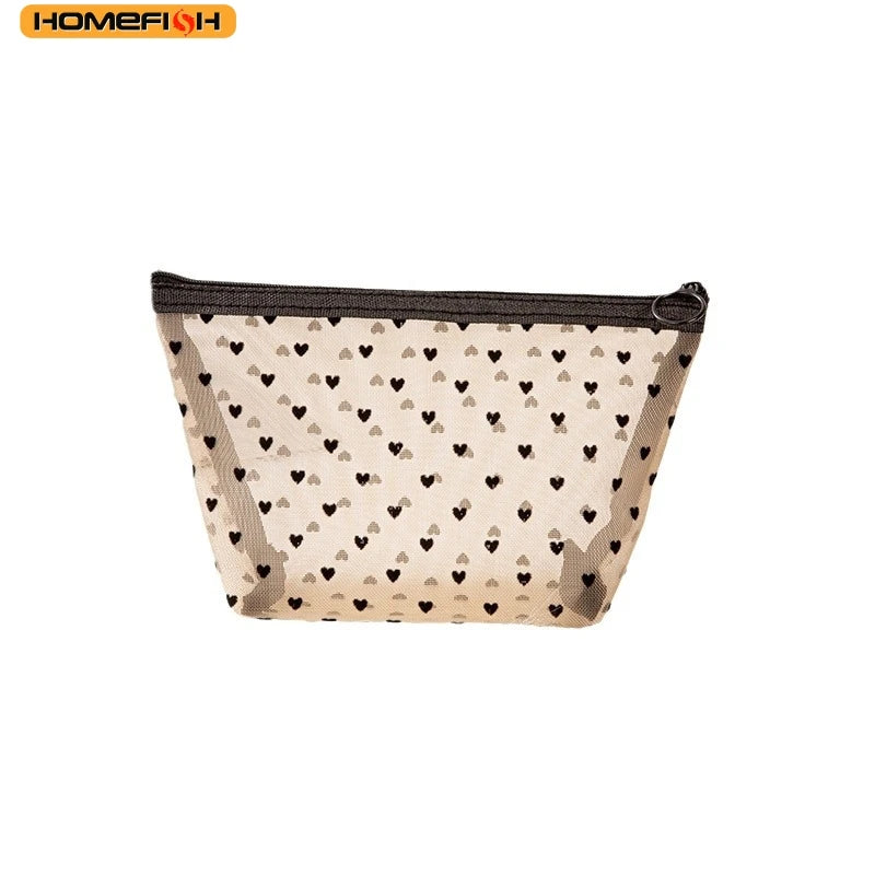 HOMEFISH Heart Transparent Mesh Makeup Bag Multifunction Portable Women Cosmetic Storage Pouch Ladies Toiletry Lipstick