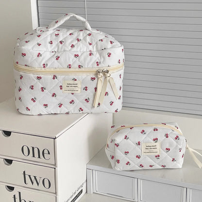 Cherry Makeup Bag Women's Cosmetic Bags Fashion Portable Cute Cosmetic Travel Storage Pouch Handbag Cotton Quilted Zipper Purse
