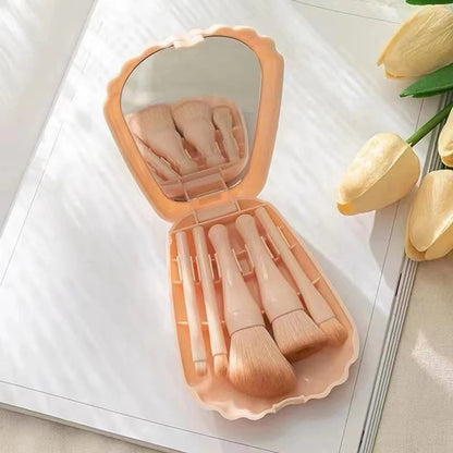 Mini Makeup Brush Set with Mirror Portable Makeup Brush Set, Shell Portable Travel Makeup Brush Set 5 Sizes Brush Mini Complete