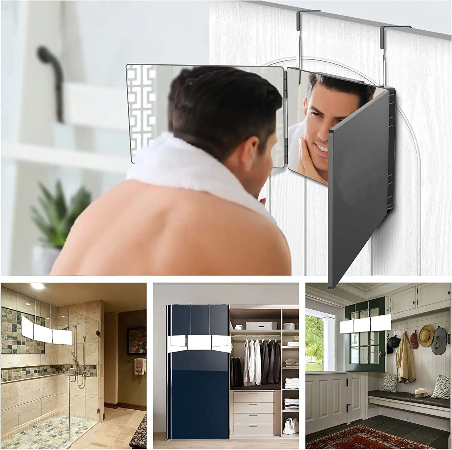 Black Portable 360 Mirror with Height Adjustable Telescoping Hooks Ideal for Self Hair Cutting Makeup Essential Fordable