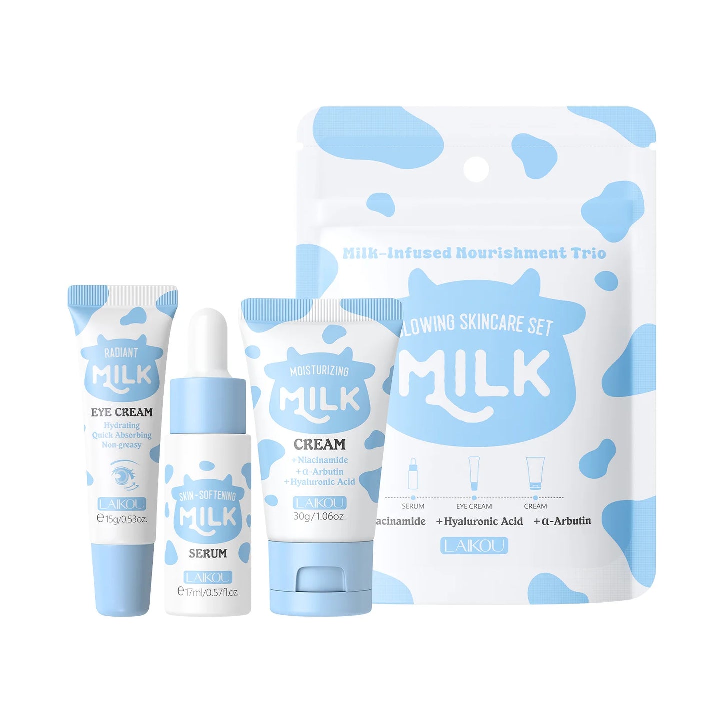 LAIKOU Milk Skincare Travel Set 3pcs Niacinamide Hyaluronic Acid Face Serum Eye Cream Face Cream Moisturizing Glowing Skin Care