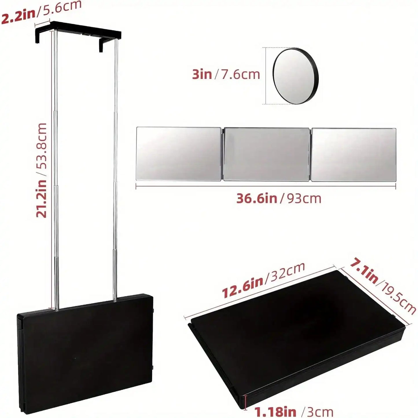 3 Way Mirror For Hair Cutting, 360 Trifold With Height Adjustable Telescoping Hooks For Makeup And Braiding
