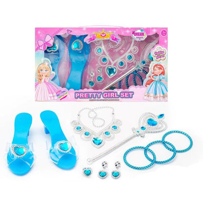 Girls Jewelry Toys Set Crystal Shoes Necklace Crown Earrings Bracelet Play Makeup Dress Up Princess Toys for Kids Role Play