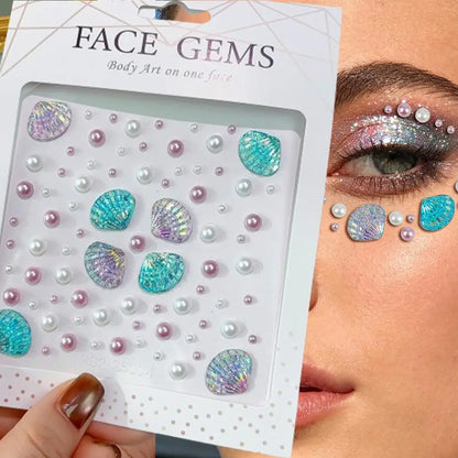 1Sheet 3D Dreamy Shell Pearl Gems Face Stickers Sparkling Mermaid Diamond Temporary Tattoos DIY Body Art Stage Makeup Rhinestone