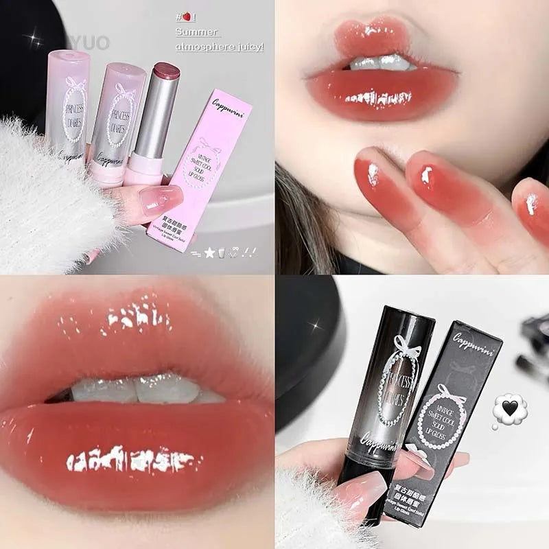 Caramel Brown Solid Lip Gloss Moisturizing Lace Bow Mirror Glass Jelly Lipstick Non Stick Cup Water Light Plump Lip Tint Makeup