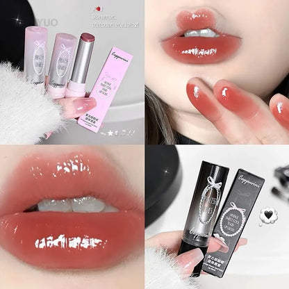 Caramel Brown Solid Lip Gloss Moisturizing Lace Bow Mirror Glass Jelly Lipstick Non Stick Cup Water Light Plump Lip Tint Makeup