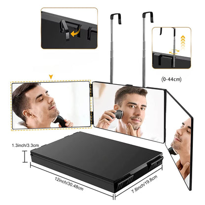 360 Trifold Mirror Portable with Height Adjustable Telescoping Hooks Ideal for Self Hair Cutting Makeup Essential Fordable