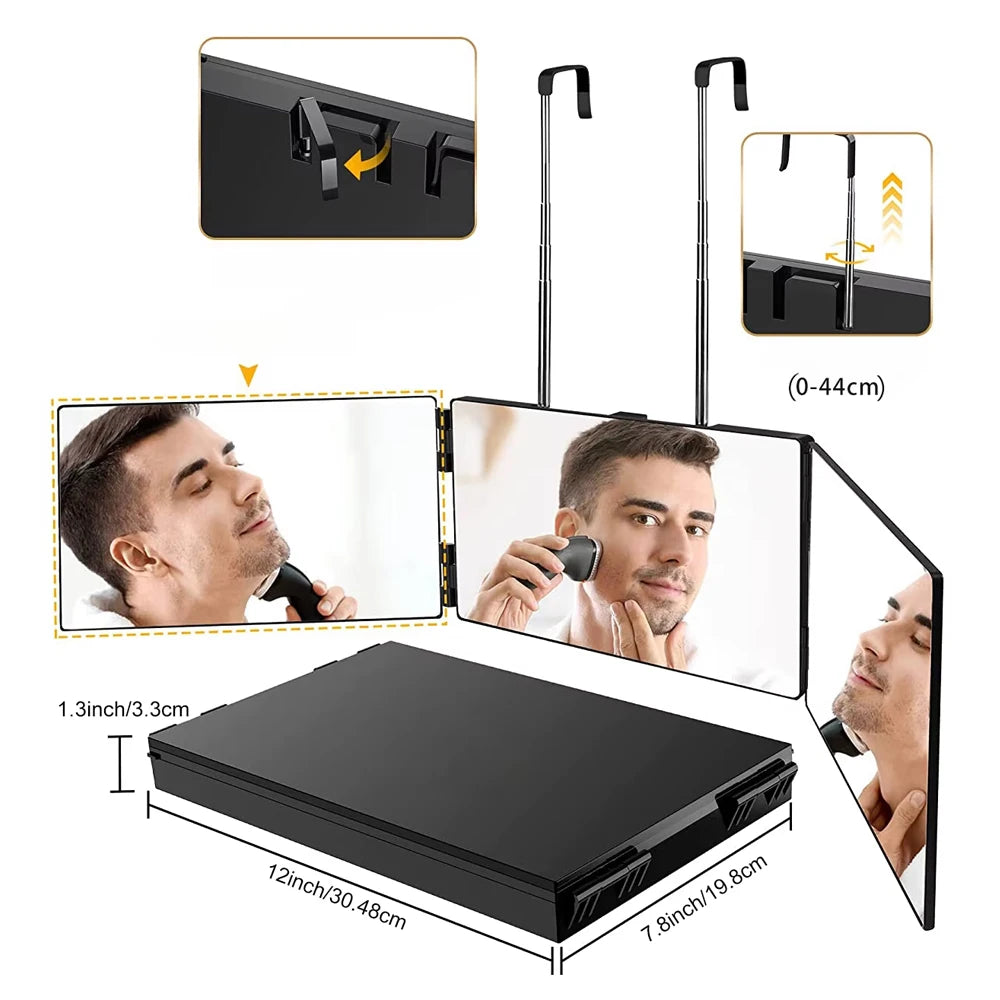 360 Trifold Mirror Portable with Height Adjustable Telescoping Hooks Ideal for Self Hair Cutting Makeup Essential Fordable