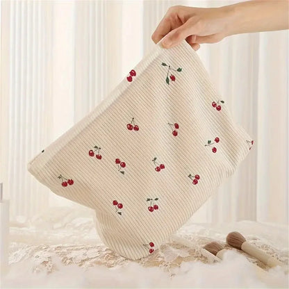 Hand Painted Cherry Corduroy Drawstring Makeup Bag Lightweight Travel Toiletry Pouch Bohemian Style Cosmetic Organizer