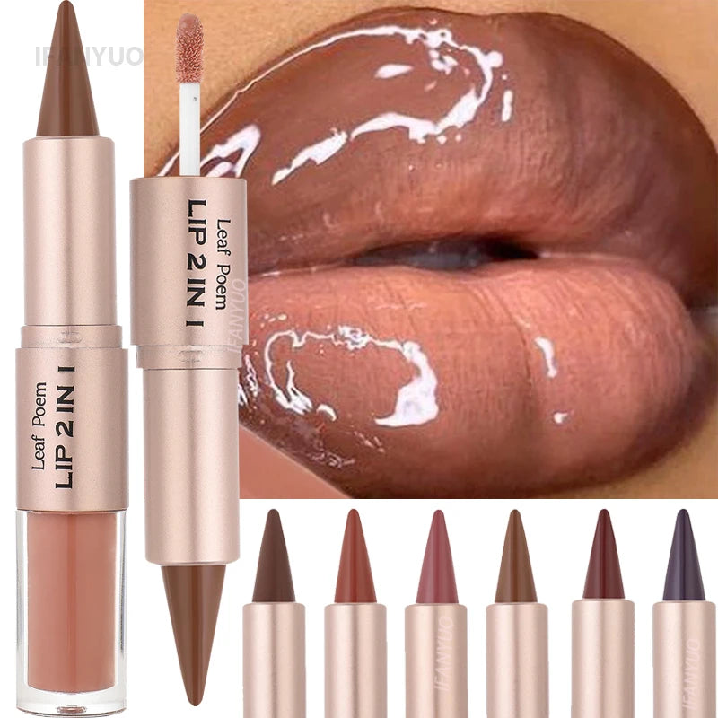 2IN1 Tapered Gradient Lipliner Pen Nude Brown Mirror Glass Lip Gloss Matte Lip Liner Waterproof Lip Contour Non Stick Makeup
