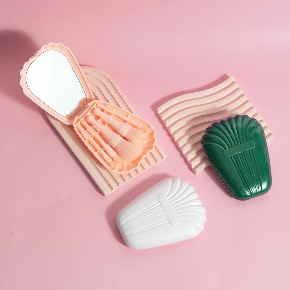 Mini Makeup Brush Set with Mirror Portable Makeup Brush Set, Shell Portable Travel Makeup Brush Set 5 Sizes Brush Mini Complete
