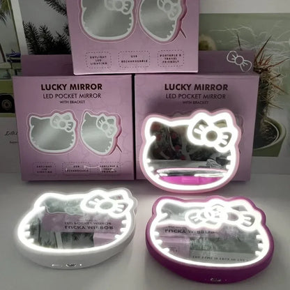 Kawaii Anime Hello Kitty USB Light Mirror Cartoon Character Styling Accessories Portable Desktop Makeup Mirror Room Decoration