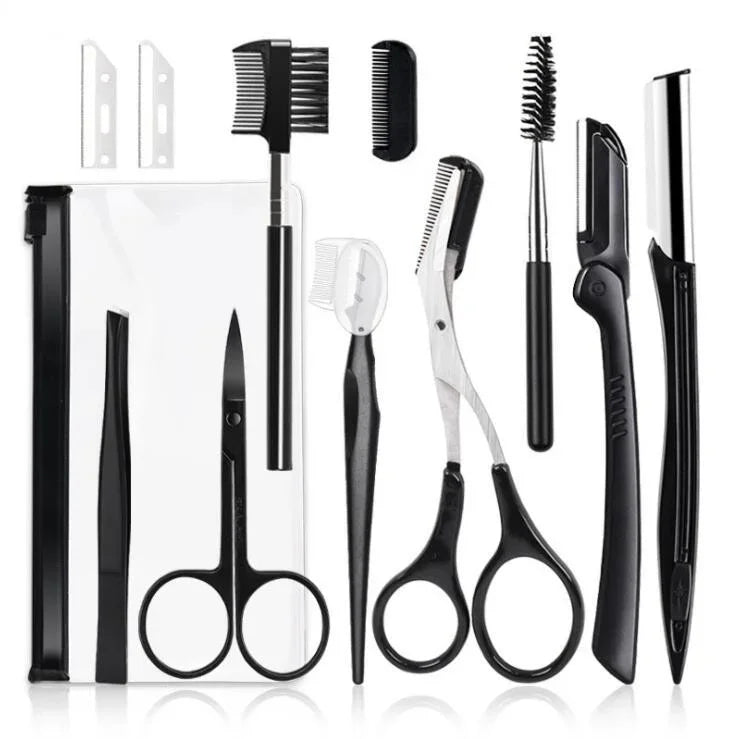 Black Eyebrow Trimming Scissors Stainless Steel Tweezers Scraping Eyebrow Comb Razor Eyebrow Clip Makeup Tools Sets