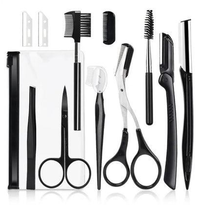 Black Eyebrow Trimming Scissors Stainless Steel Tweezers Scraping Eyebrow Comb Razor Eyebrow Clip Makeup Tools Sets
