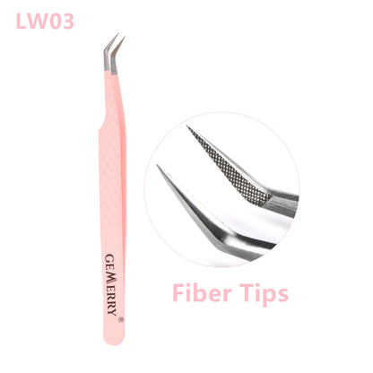 GEMERRY 1 PC Eyelash Tweezers With Fiber Tips Pink Professional Steel High Precision for Volume Fans Lashes Extensions Makeup