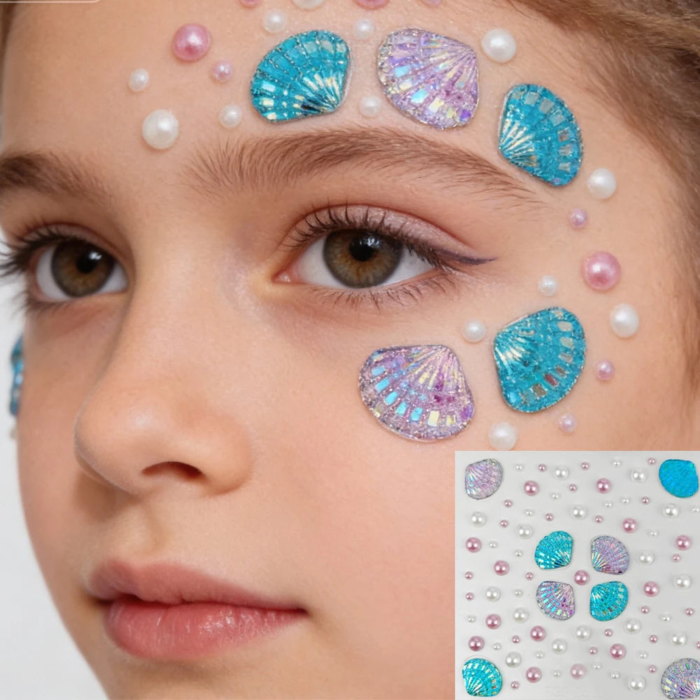 1pc 3D Aurora Seashell Temporary Tattoo Sticker Dreamy Mermaid Makeup Stick-on Pearls Facial Eyeshadow Gems Decal Face Jewels