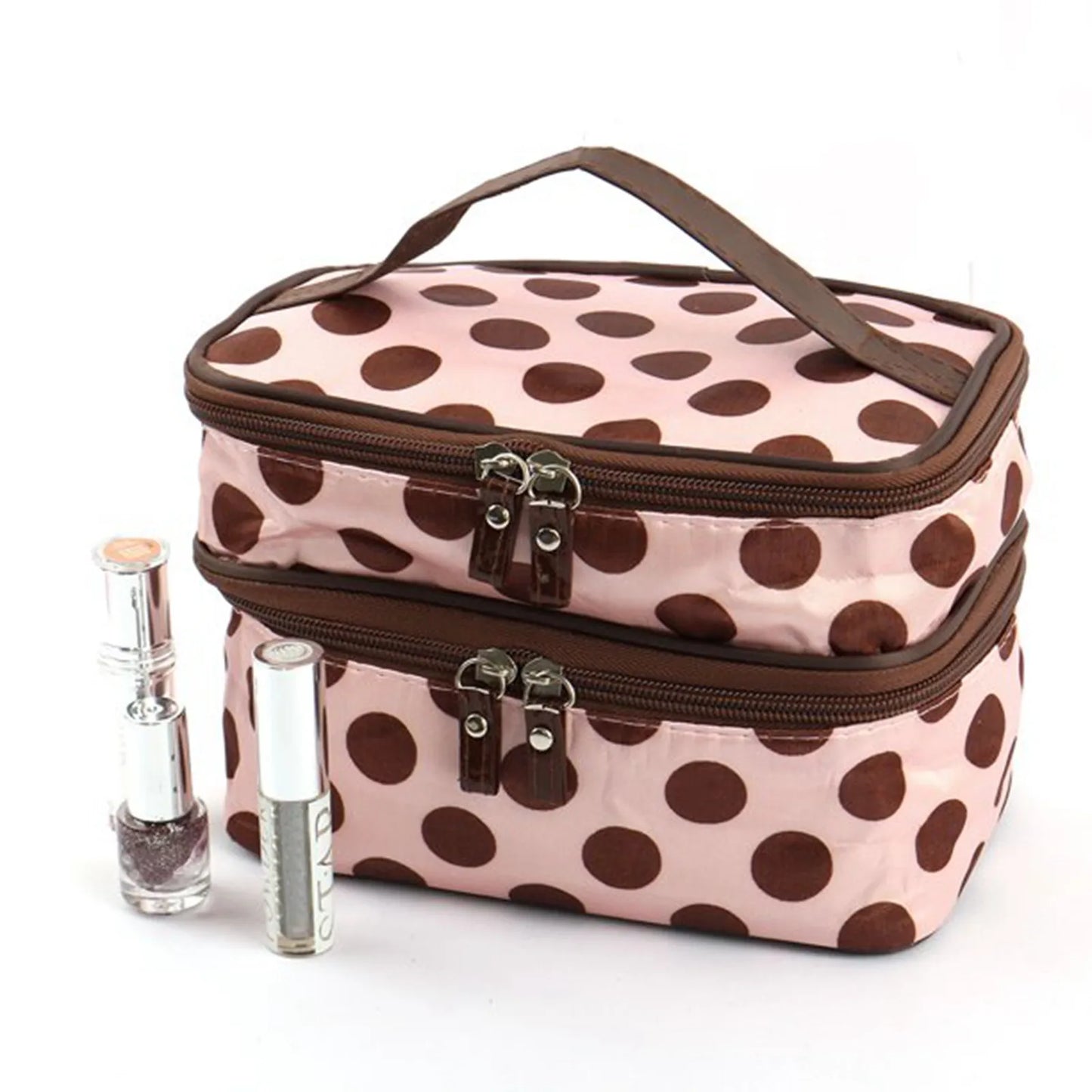 Women'S Travel Cosmetic Makeup Bag Organizer Double Layer Dot Pattern Toiletry Bag Case Pouch With Mirror For Woman