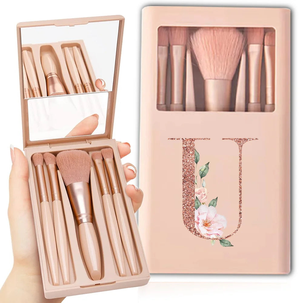 5pcs Cosmetic Brush Kit With Mirror And Case Foldable Box Storage Makeup Brush Set Portable Beauty Tool Rose Gold Letter Pattern