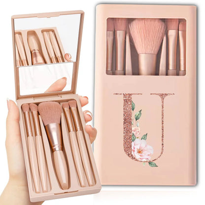 5pcs Cosmetic Brush Kit With Mirror And Case Foldable Box Storage Makeup Brush Set Portable Beauty Tool Rose Gold Letter Pattern