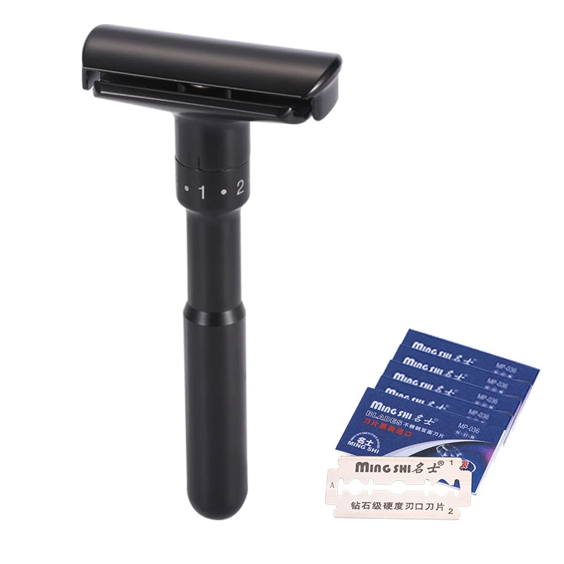 Mingshi Metal Adjustable Safety Razor Travel Double Edge Classic Men Shaving  Black Hair Removal Shaver with 5 Blades