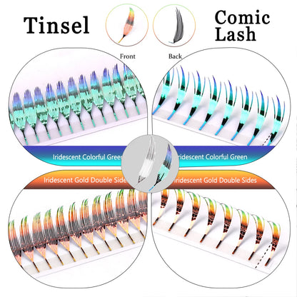 RUJADE New Colorful Shiny Manga Comic Spire Lashes Tinsel Anime Eyelash Extension Premade Fans Feather Shape Party Makeup Lashes