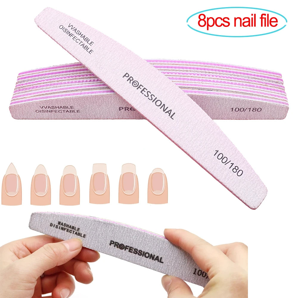 8pcs Nail Files Set 100/180 Nail Sanding Buffer Professional Manicure Files Makeup Pedicure Brushes Tool Extension cuticle Kits