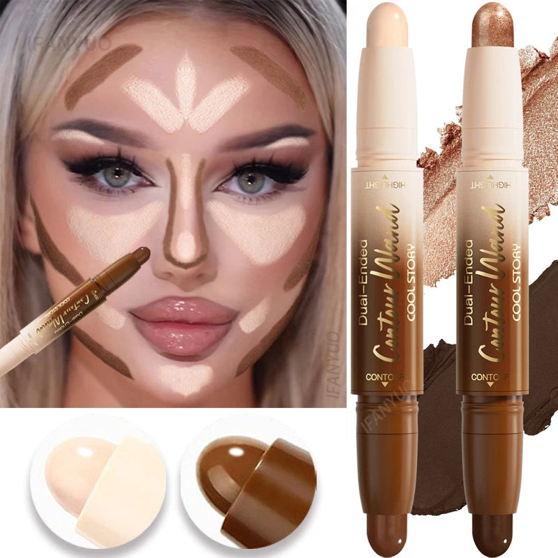 Contour Stick Double-Ended Highlight and Shadow Cream Waterproof Full Coverage Concealer Natural Finish Makeup for All Skin Tone