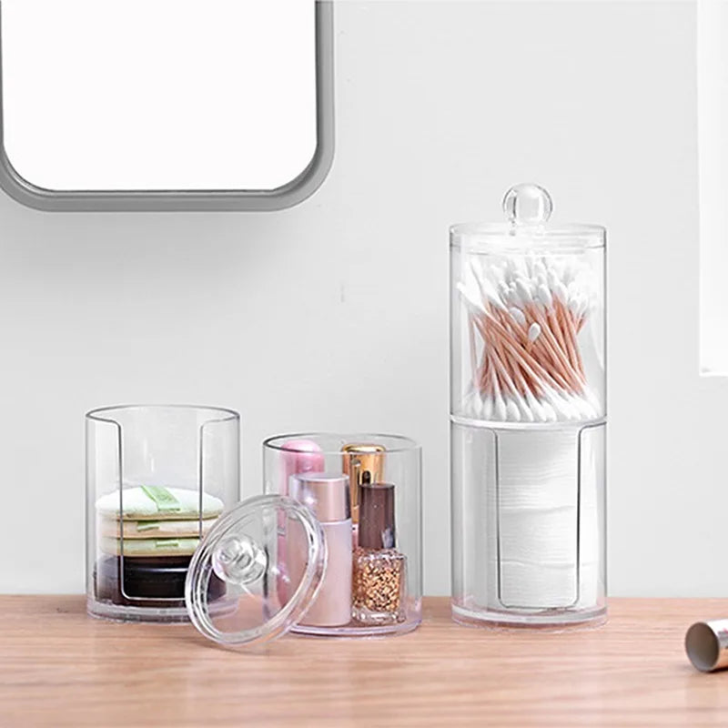 Acrylic Storage Box Bathroom Jar Makeup Organizer Cotton Round Pad Holder Cotton Swab Box Qtip Holder Dispenser with Bamboo Lid